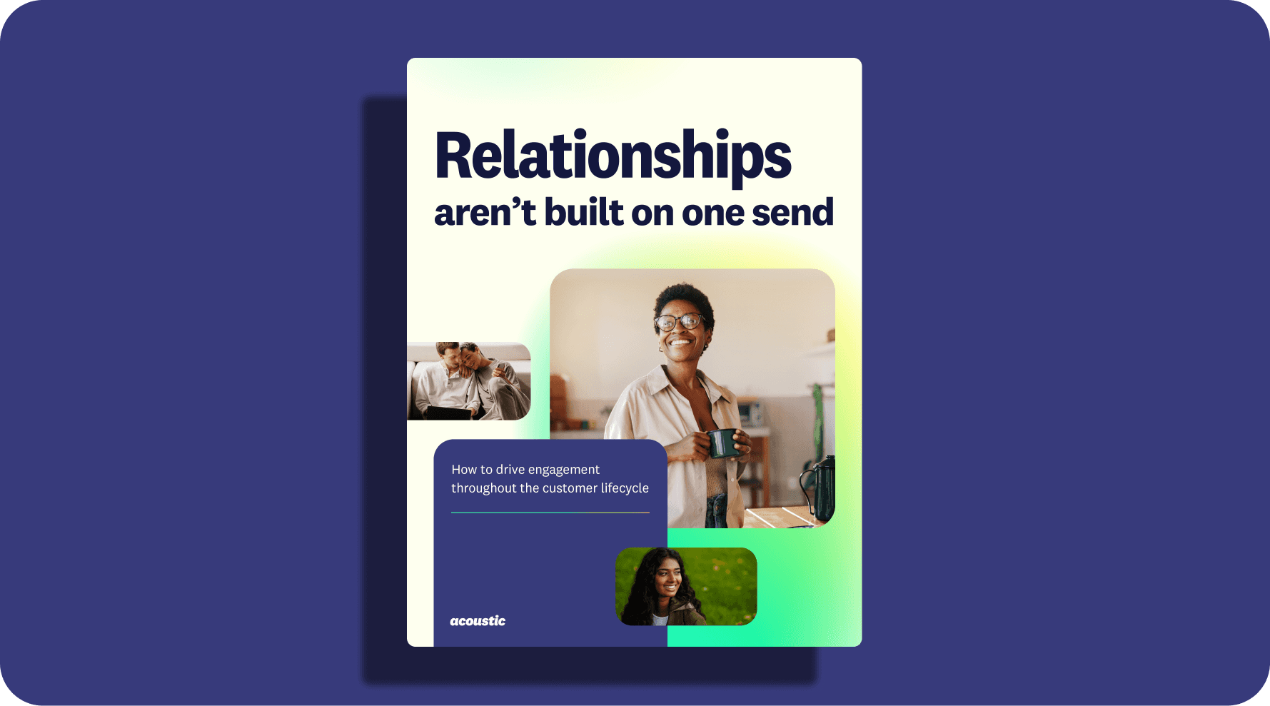 Marketing booklet cover with bold text 'Relationships aren’t built on one send.' Features diverse, smiling professionals and a text box on engaging with customers. Tone is professional and inviting with a blue-green gradient background.