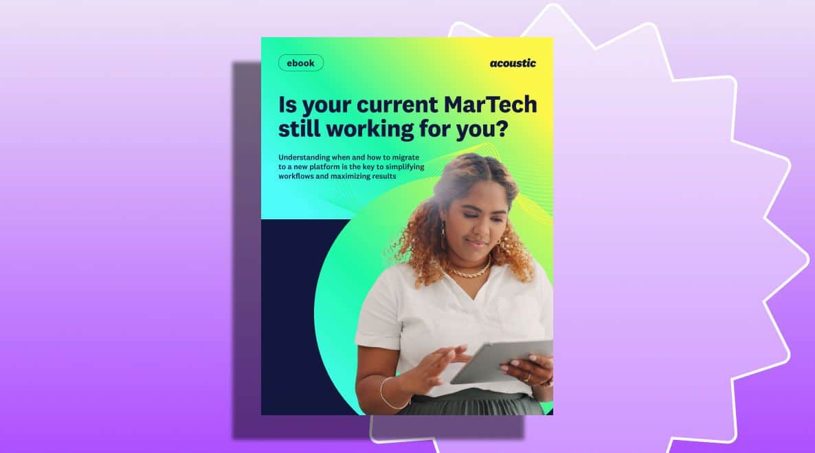 Ebook cover with a woman holding a tablet, featuring the title 'Is your current MarTech still working for you?' on a green and yellow background.
