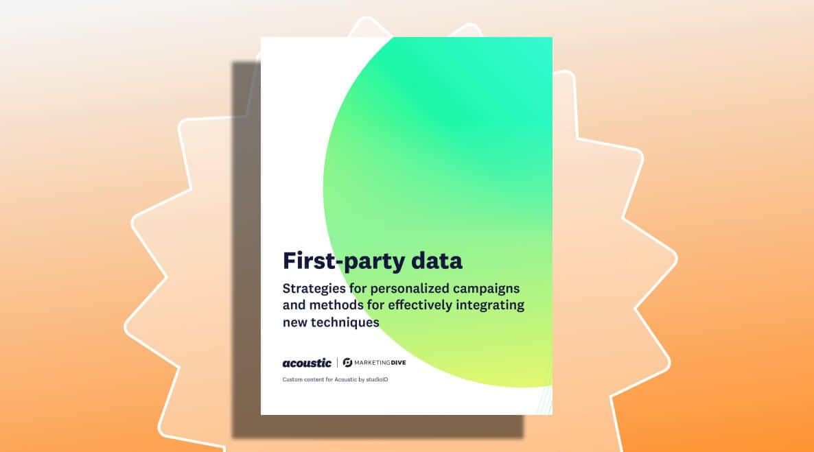 Cover of an e-book titled "First-party data" with a gradient of green to yellow. Text includes strategies for personalized campaigns. Calm, informative tone.