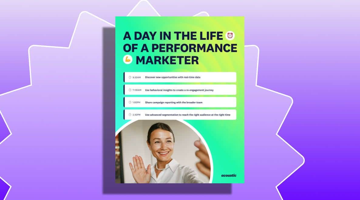 A vibrant poster titled 'A Day in the Life of a Performance Marketer' shows a daily schedule. A smiling person waves, conveying positivity and engagement.