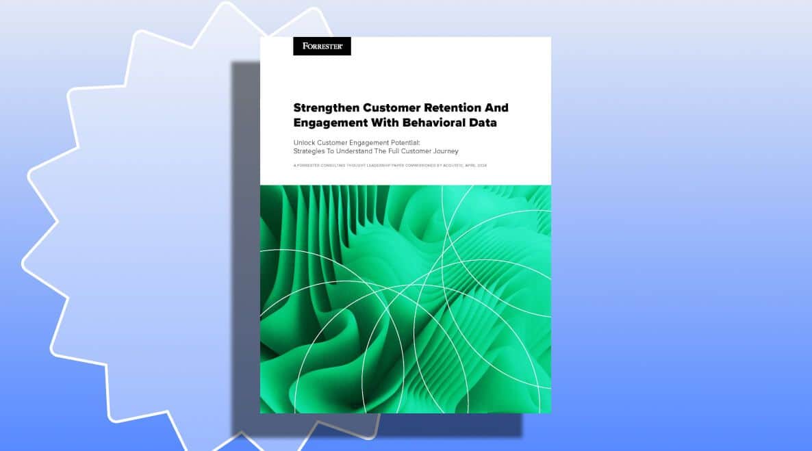 Report cover titled 'Strengthen Customer Retention and Engagement With Behavioral Data' on a blue gradient background with abstract green patterns.
