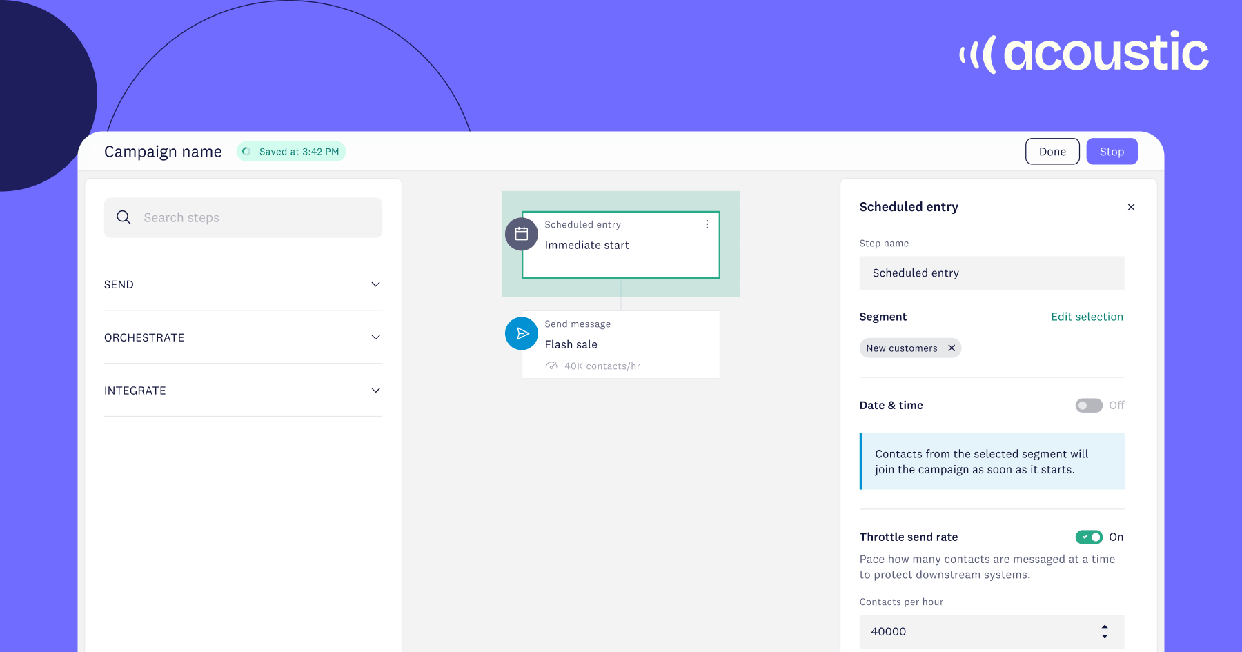 Interface of campaign software showing tools for scheduling and sending messages. On the right, settings include segment selection and send rate options.
