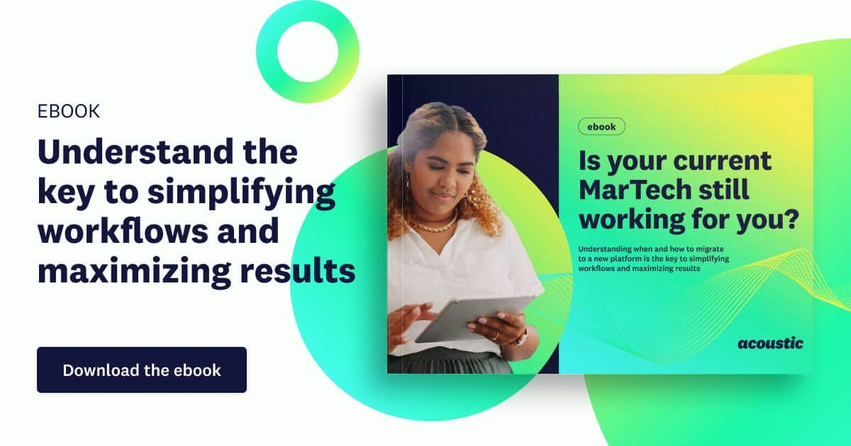 Promotional image for a MarTech ebook. A person smiles while using a tablet. Text reads 'Understand the key to simplifying workflows and maximizing results.' A call to action button says 'Download the ebook.' The design is vibrant with green and blue hues, conveying a modern, tech-savvy tone.