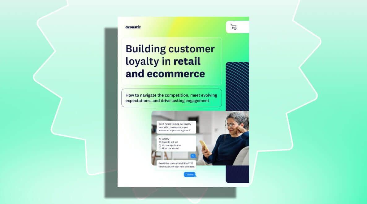 Ebook cover titled 'Building customer loyalty in retail and ecommerce' with a smiling person using a tablet. Gradient background, callout text about driving engagement.