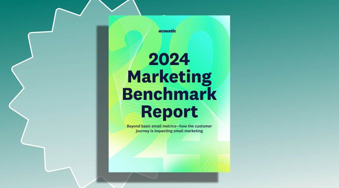 Cover of the "2024 Marketing Benchmark Report" with a gradient background and large, faint numbers. The tone is professional and modern.