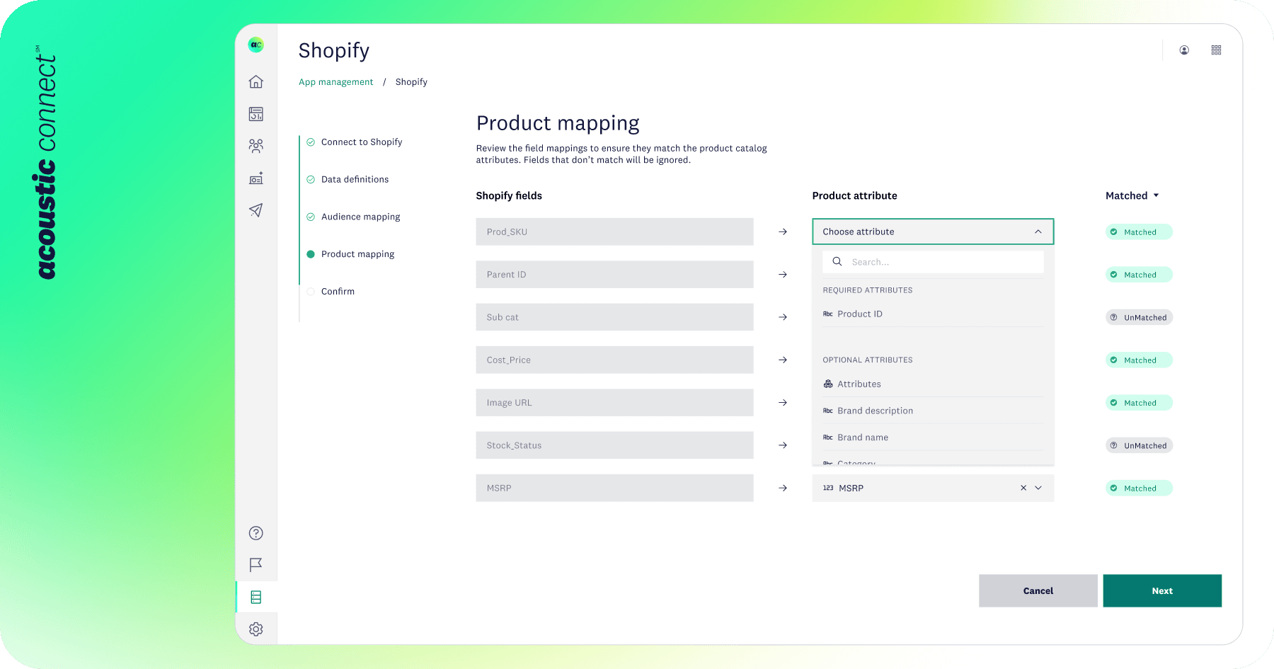 Shopify product fields mapped to attributes in Acoustic Connect integration.