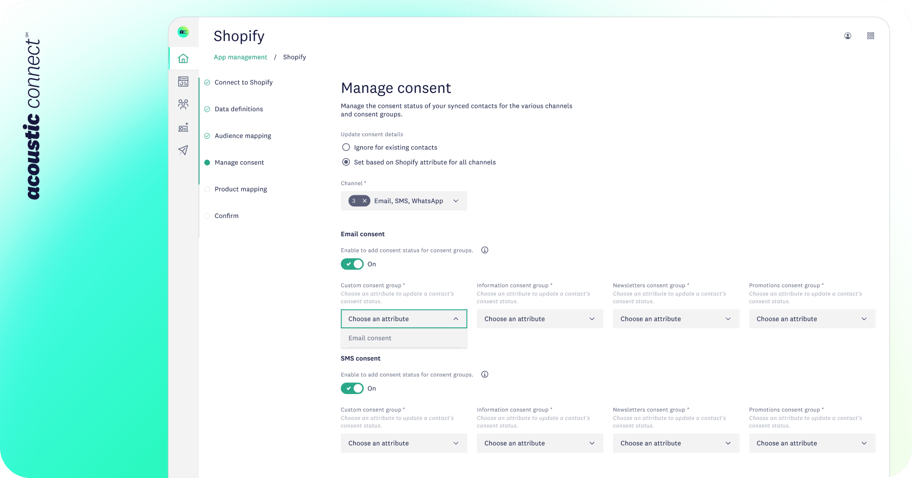 Manage consent settings for Shopify contacts by email, SMS, WhatsApp channel in Acoustic Connect.