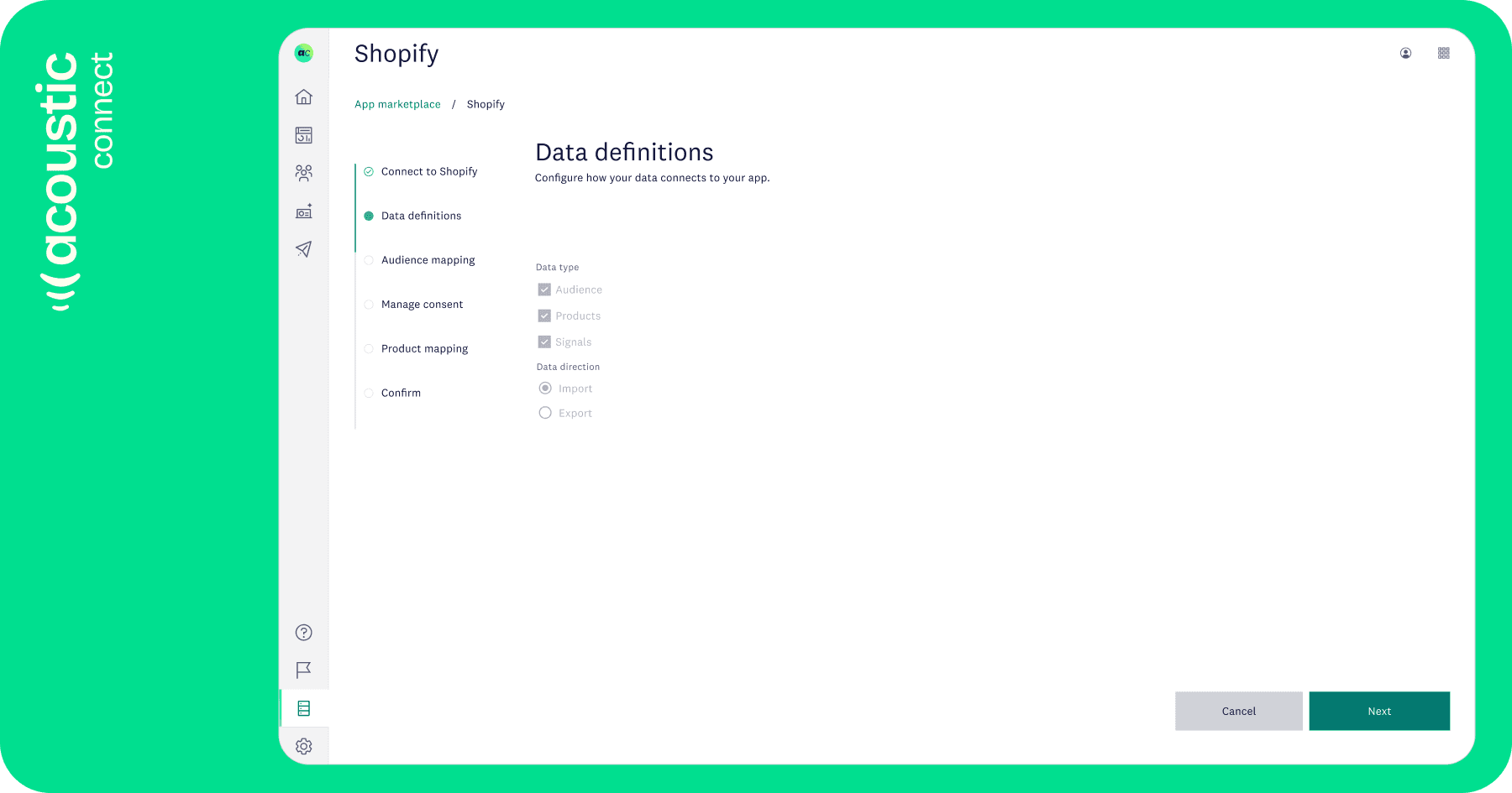 Shopify data definitions screen showing import settings for audience, products, and signals.