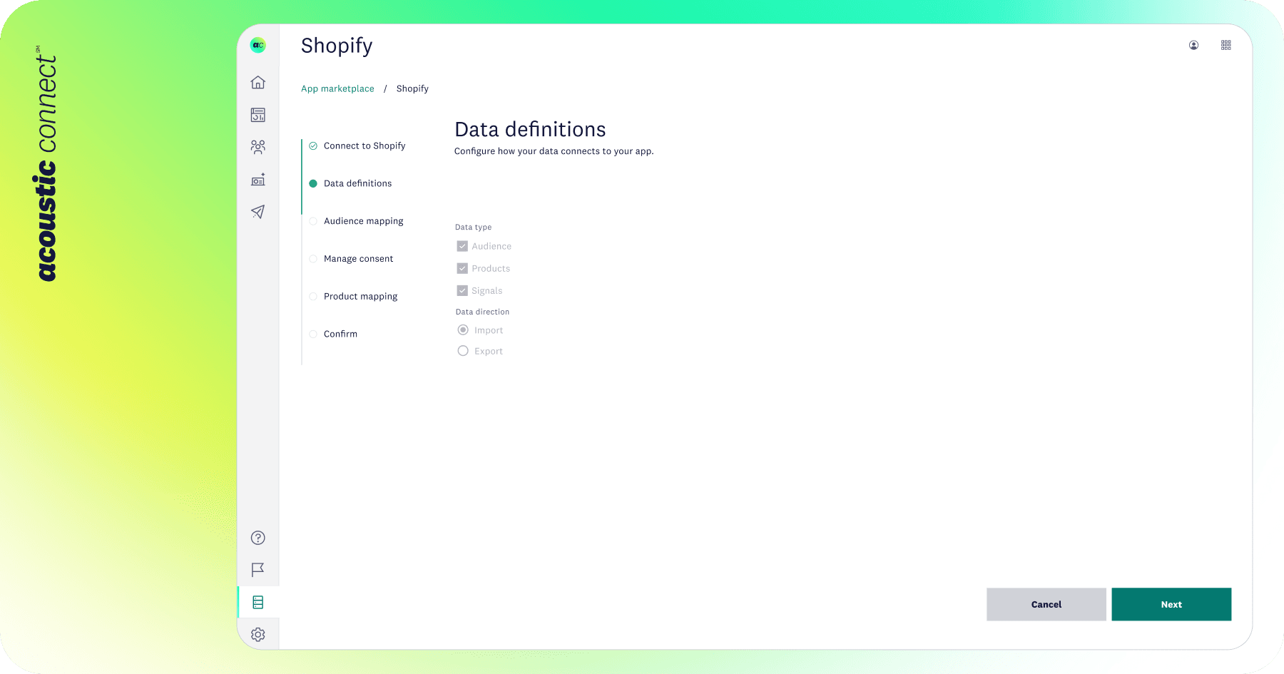 Shopify data definitions screen showing import settings for audience, products, and signals.