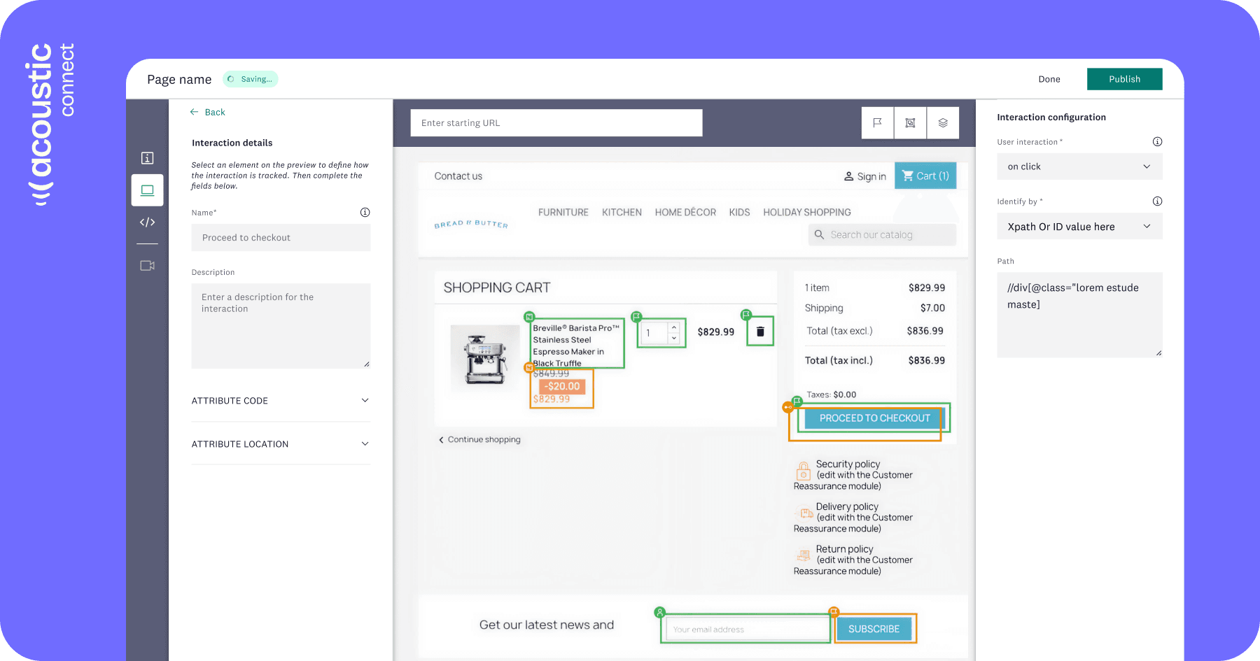 Multiple behavioral interaction points highlighted on e-commerce checkout page including product details, price, delete button, checkout button, and newsletter subscription - Acoustic Connect