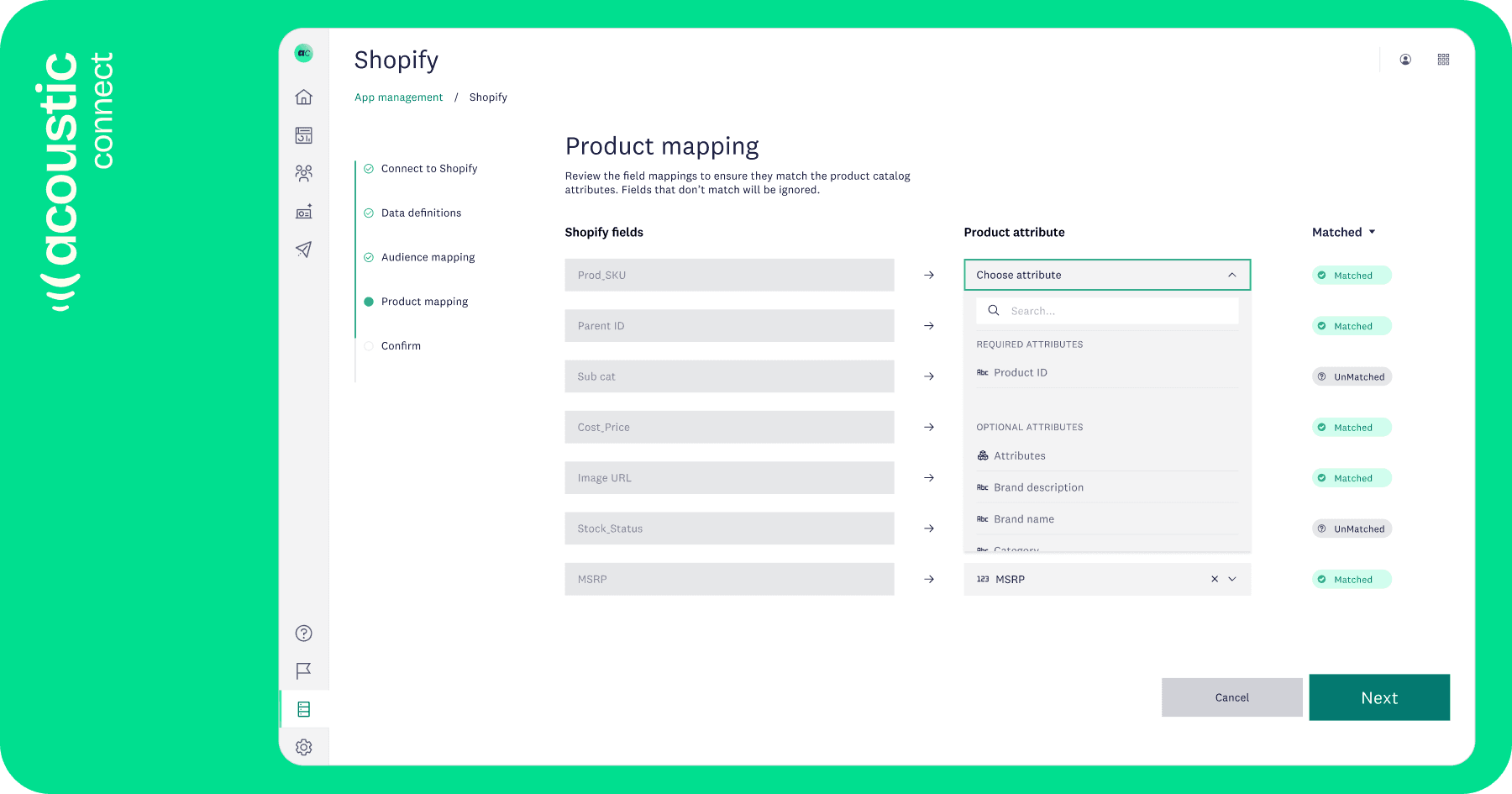 Shopify product fields mapped to attributes in Acoustic Connect integration.