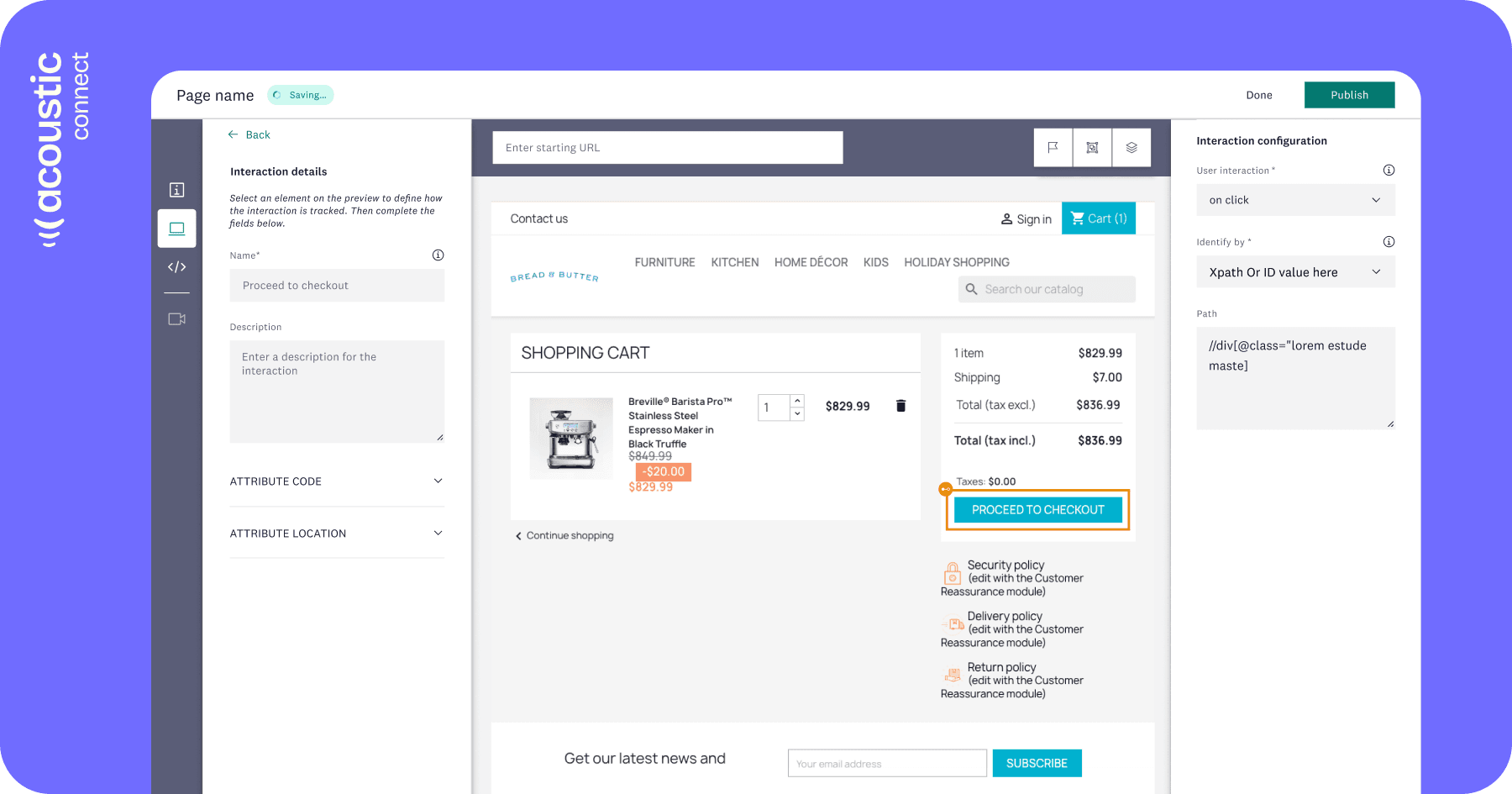 Behavioral interaction configuration interface showing checkout button tracking setup with element selection and attribute mapping - Acoustic Connect