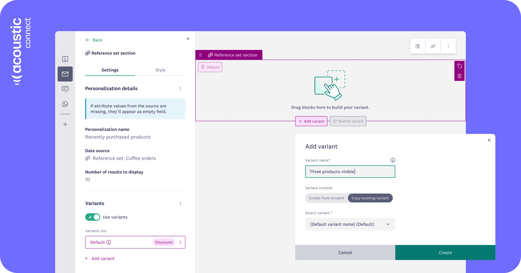 User-friendly interface of Acoustic Connect showing settings customization options and variant selection.