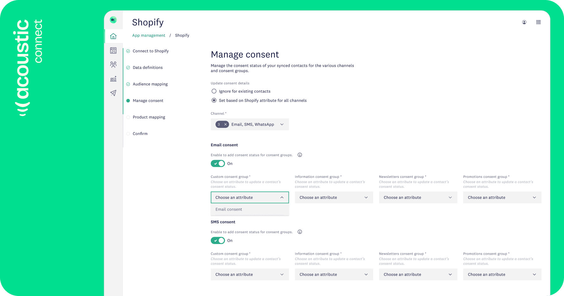 Manage consent settings for Shopify contacts by email, SMS, WhatsApp channel in Acoustic Connect.