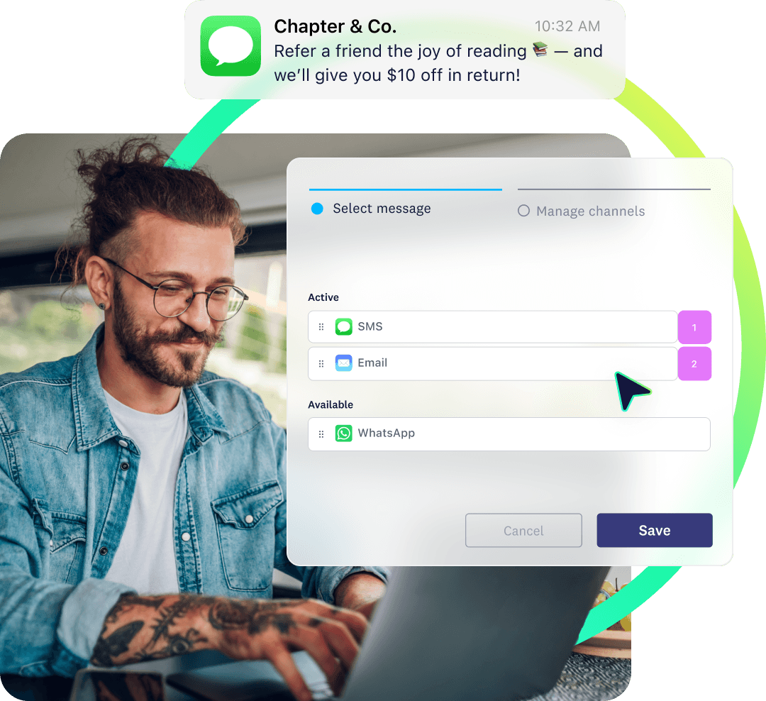 Man using laptop next to message composer UI showing SMS, email, and WhatsApp channel options with SMS message overlay.
