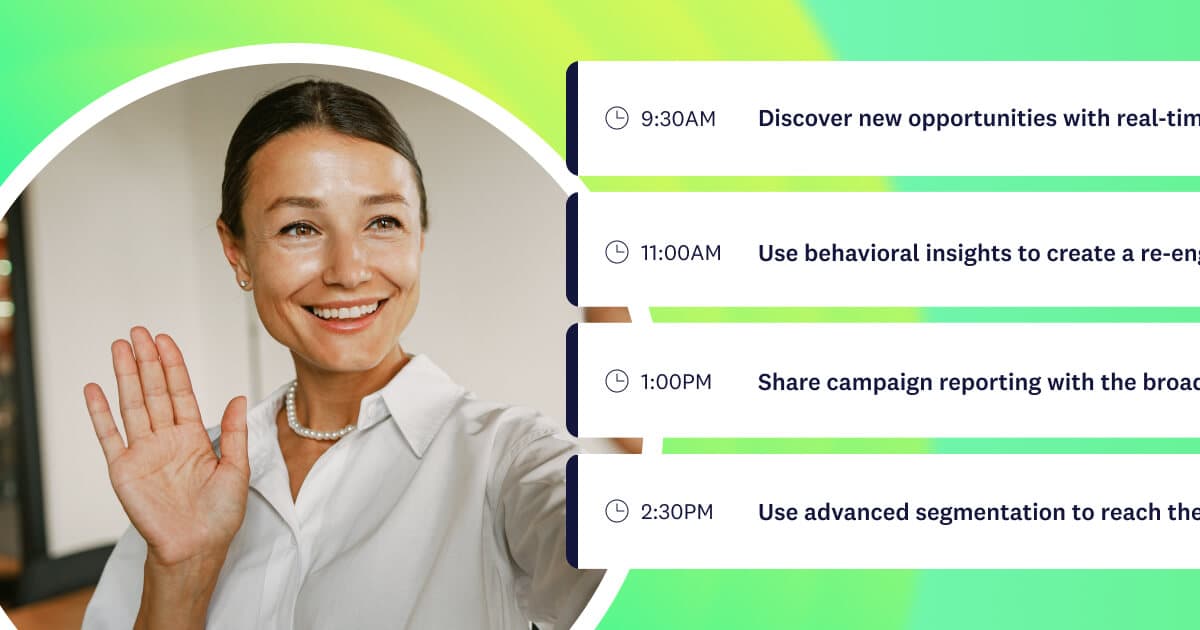 A daily schedule featuring topics like real-time insights, behavioral data, and segmentation, with a smiling marketer.