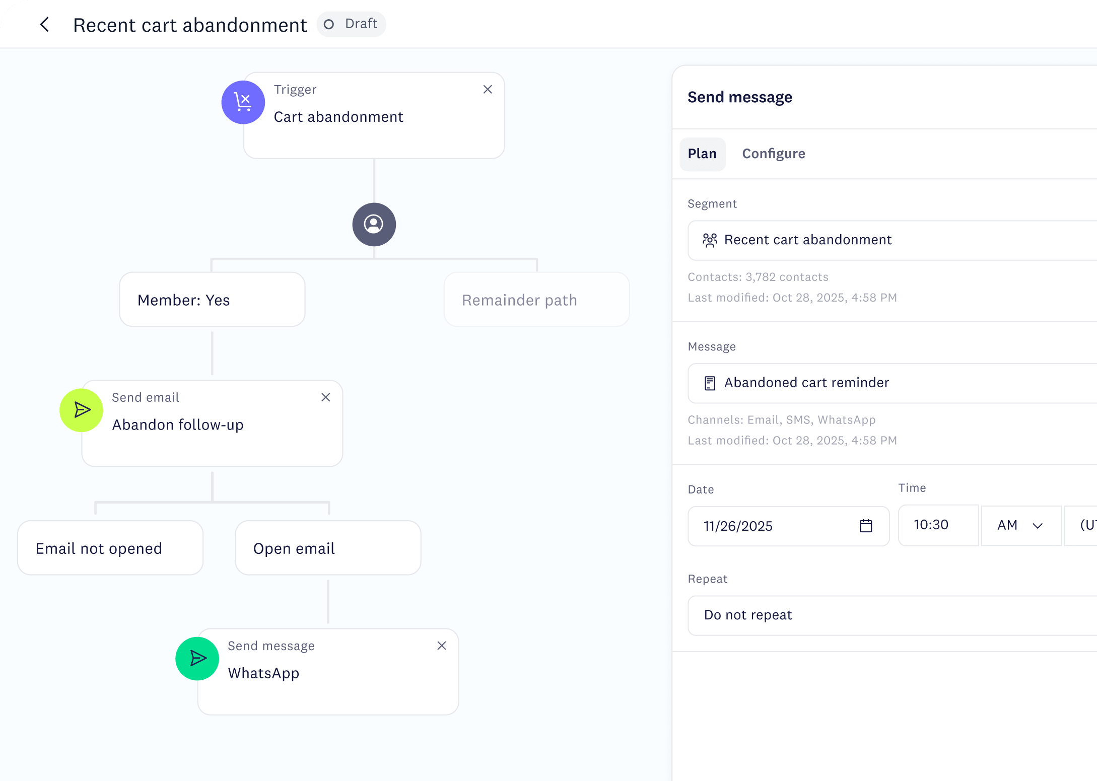 Omnichannel journey canvas configuring a message send across channels
