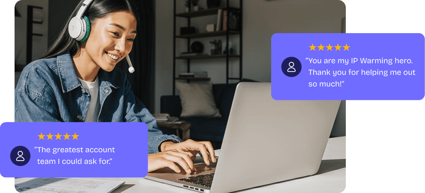 Customer success representative providing excellent service with positive five-star client testimonials and feedback reviews