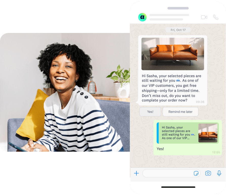 Woman relaxing on a couch, viewing a cart reminder over WhatsApp