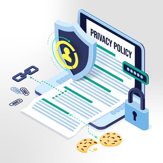 Graphic of a computer with a privacy policy on its screen and icons of cookies, a badge, and a lock coming out of the computer to indicate privacy.