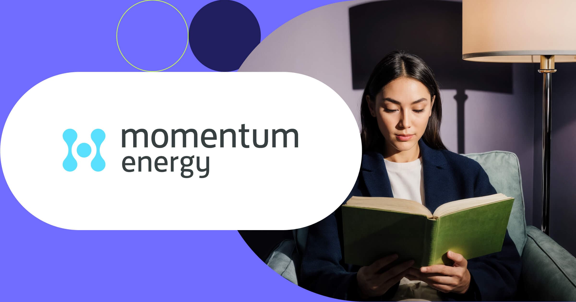 Momentum Energy logo with professional woman reading book in modern home office setting