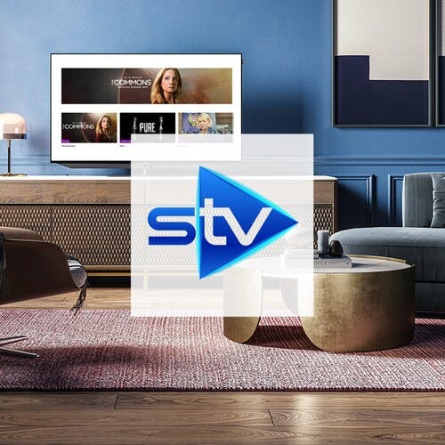 STV logo over an image of a living room with a TV that displays TV shows that are available to watch.