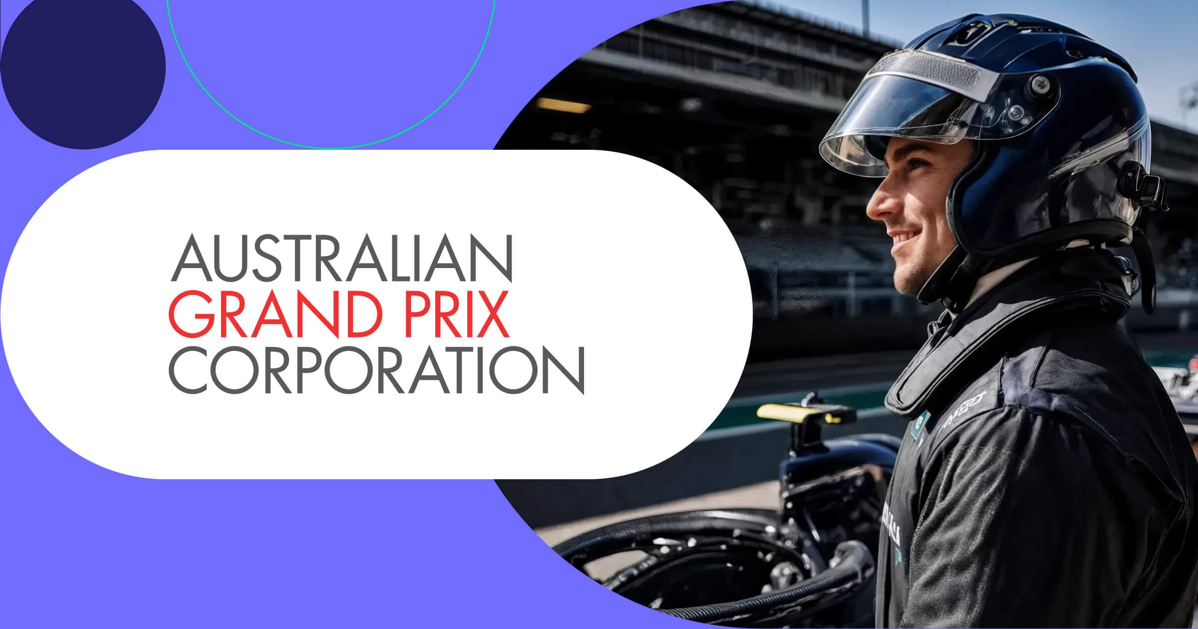 Australian Grand Prix Corporation logo with Formula One racing driver in helmet preparing for motorsport event
