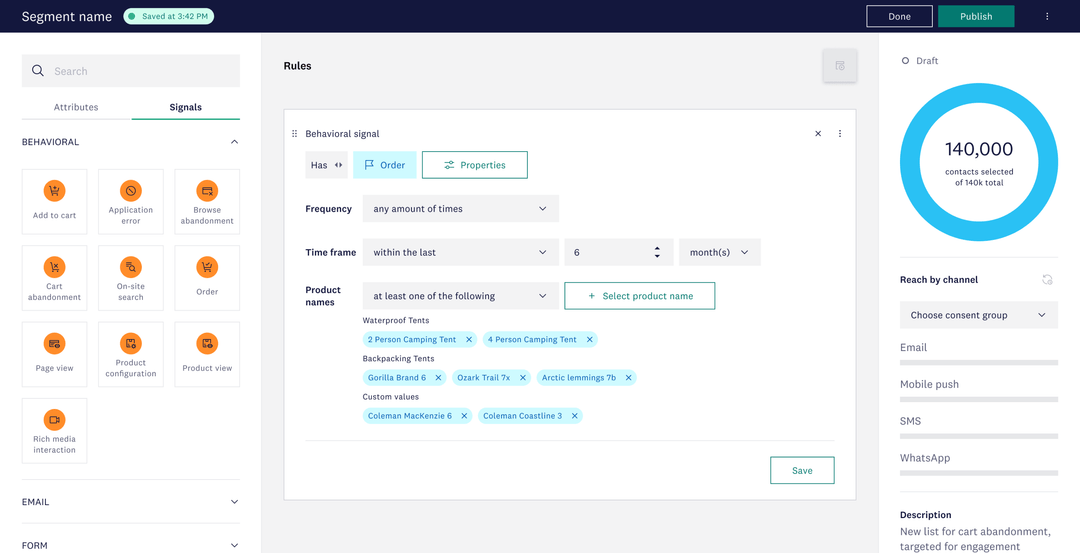 Segmentation UI screen to configure  filters for product names and recent activity.
