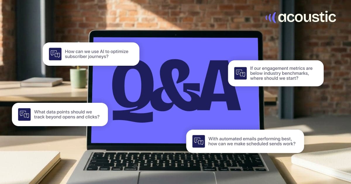 A laptop on a desk showing a large 'Q&A' graphic on screen, surrounded by floating chat bubbles posing marketer questions from Acoustic's 2026 Marketing benchmark webinar.