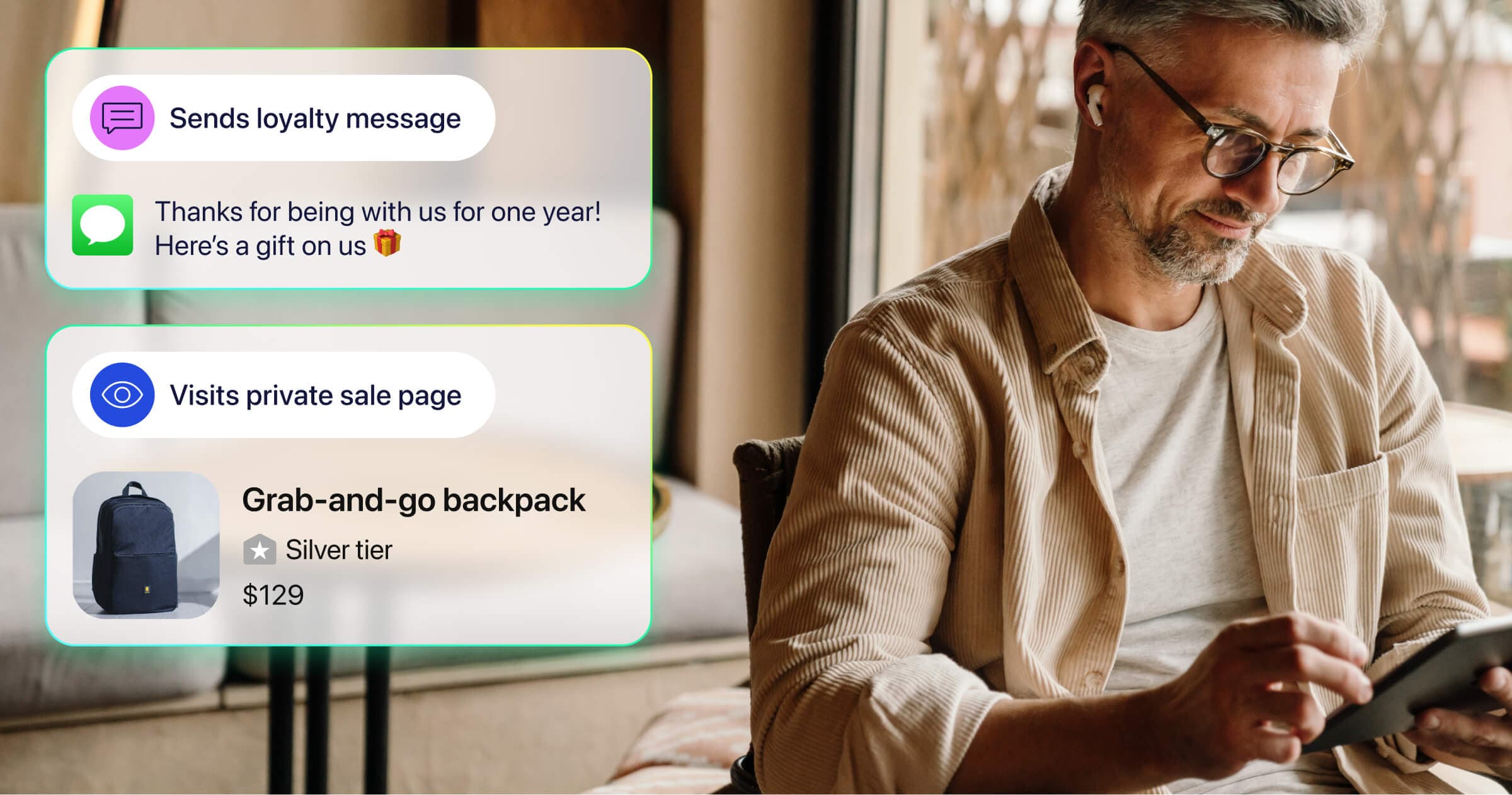 Smiling older man using his phone with an overlay of a customer loyalty message and visiting a private sale page.