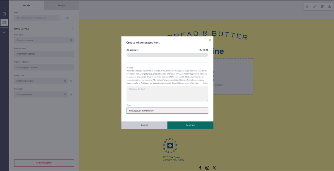 Email builder interface with editable dynamic content block to add AI generated text.