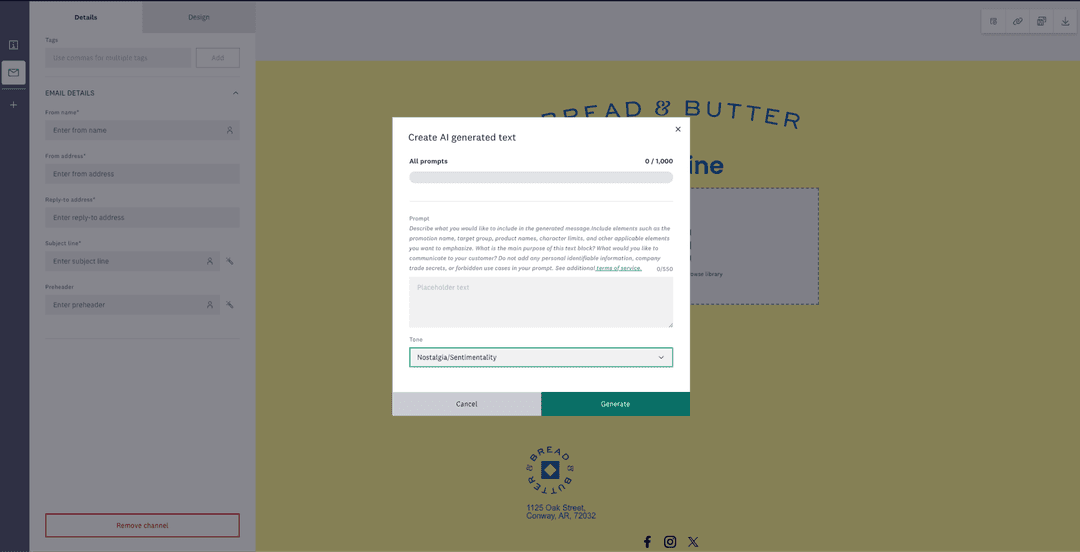 Email builder interface with editable dynamic content block to add AI generated text.