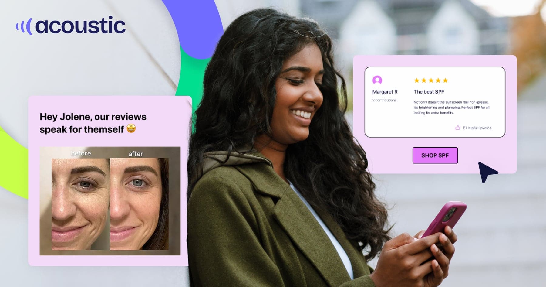 Woman reading skincare product reviews and before-after photos on smartphone with Shop SPF call-to-action - Acoustic