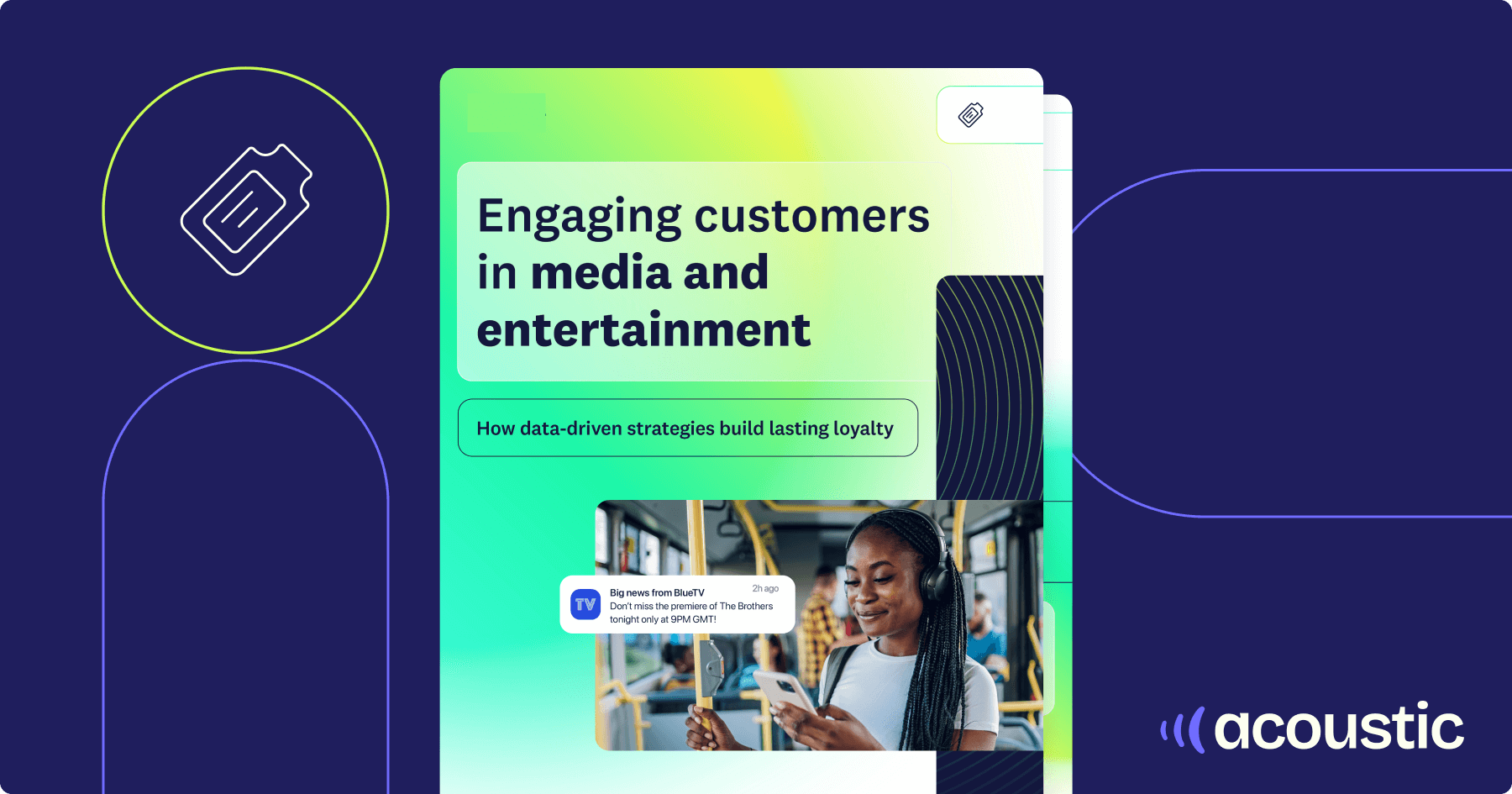 A woman smiles while using her smartphone on a train, surrounded by colorful graphics promoting customer engagement in media and entertainment.