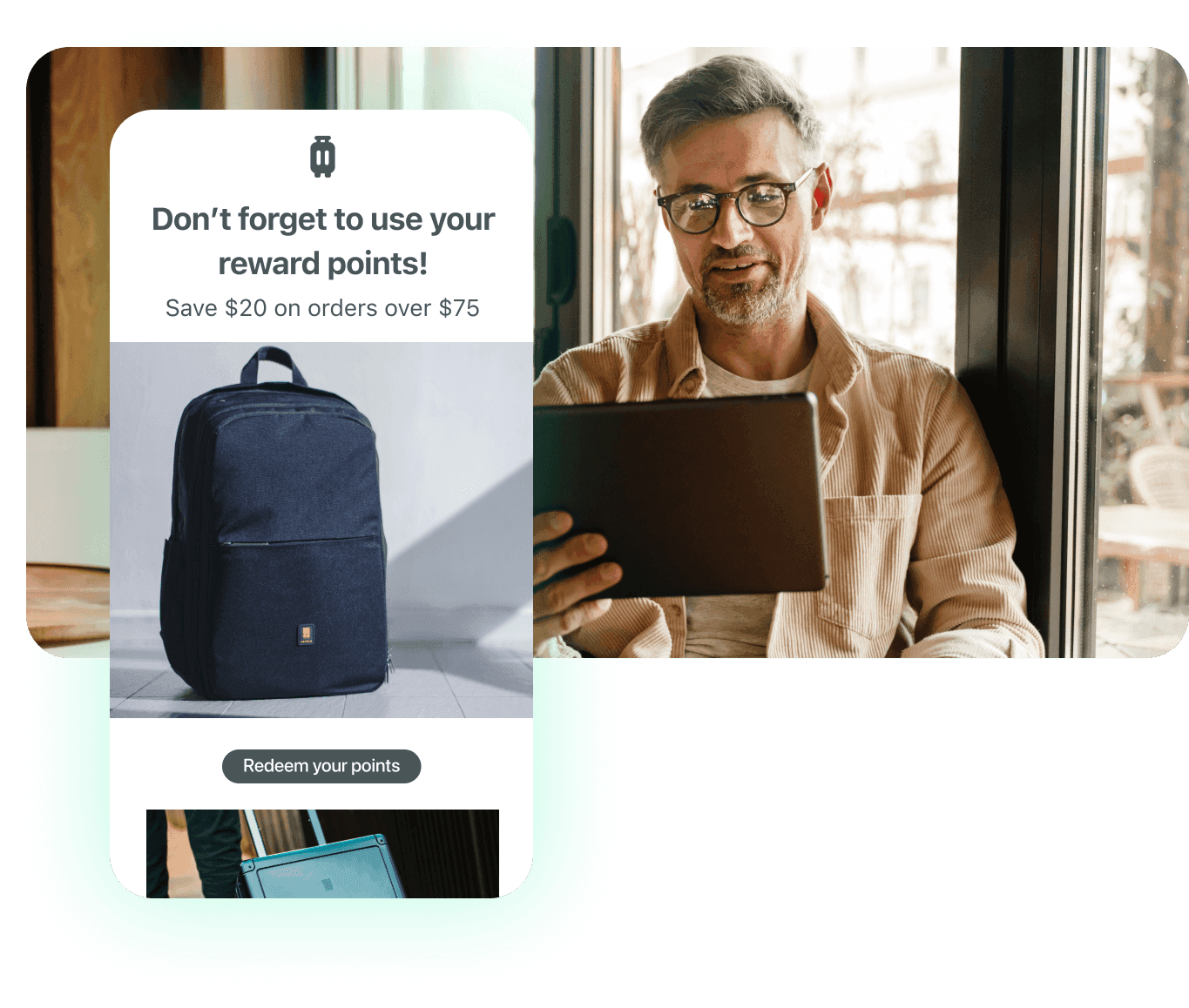Smiling older man receives an email on tablet prompting him to use his loyalty points to receive $20 off an order of $75 or more.