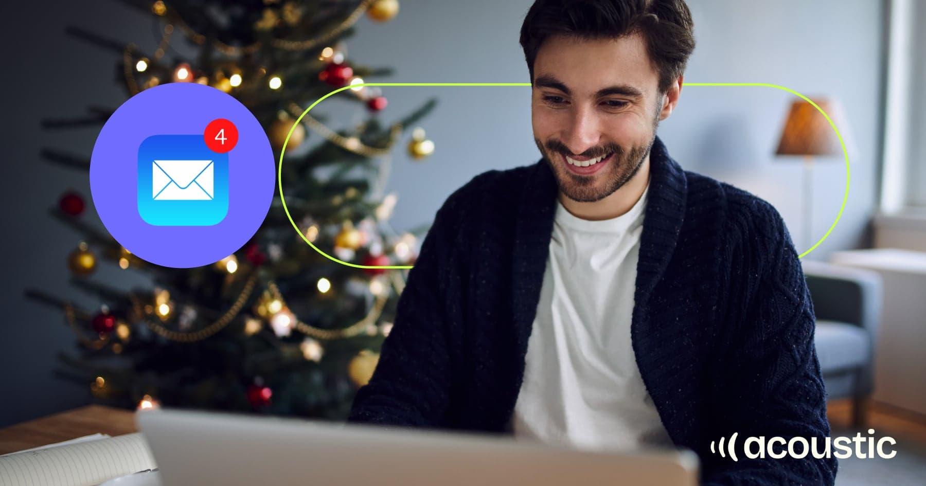 Man checking holiday email marketing campaigns on laptop with decorated Christmas tree and email notification icon showing 4 messages - Acoustic