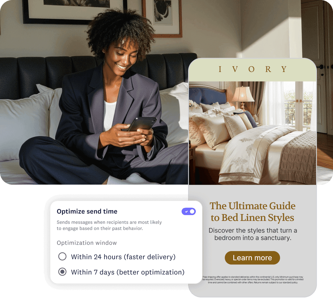 Woman on a phone while sitting in bed and UI showing send time optimization settings and an email campaign preview.