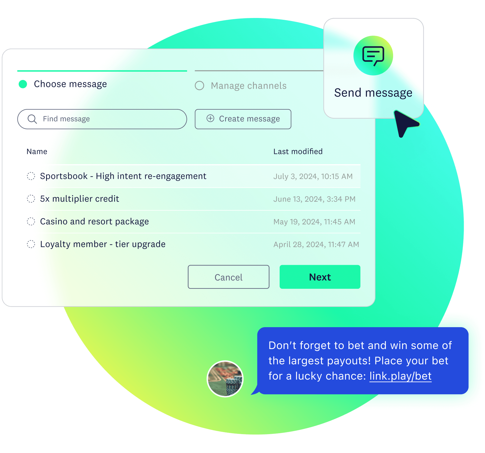 Acoustic Connect's message delivery automation featuring a list of message options and an SMS about payouts that was sent.
