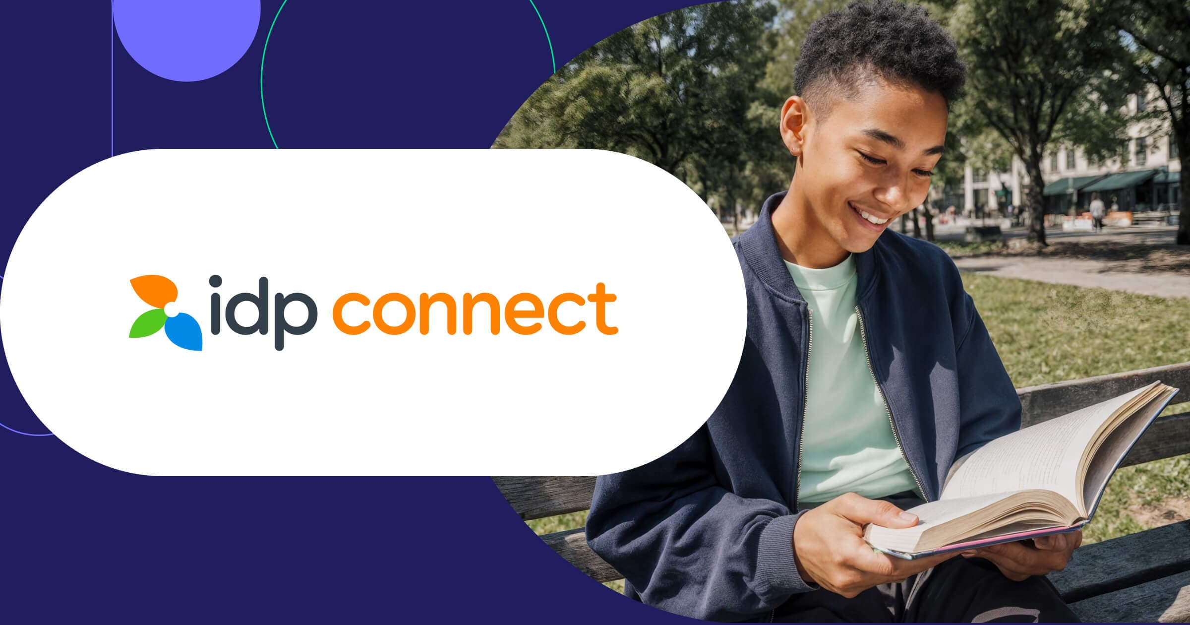 IDP Connect logo with student reading book outdoors on park bench in sunny campus setting