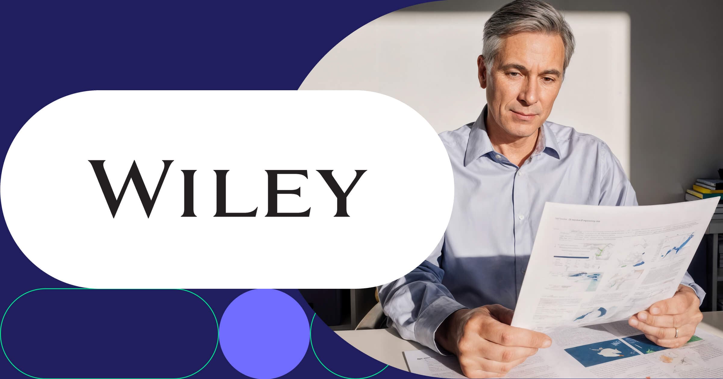 Wiley logo with professional researcher reviewing academic journal articles and scientific research publications at desk