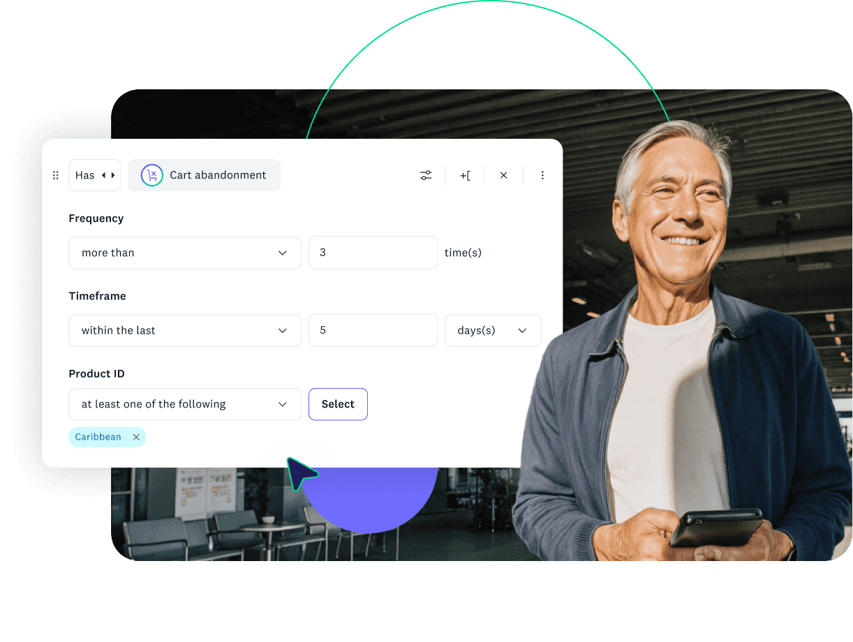 Traveler with a phone in an airport, beside a segment builder targeting abandoned Caribbean searches.