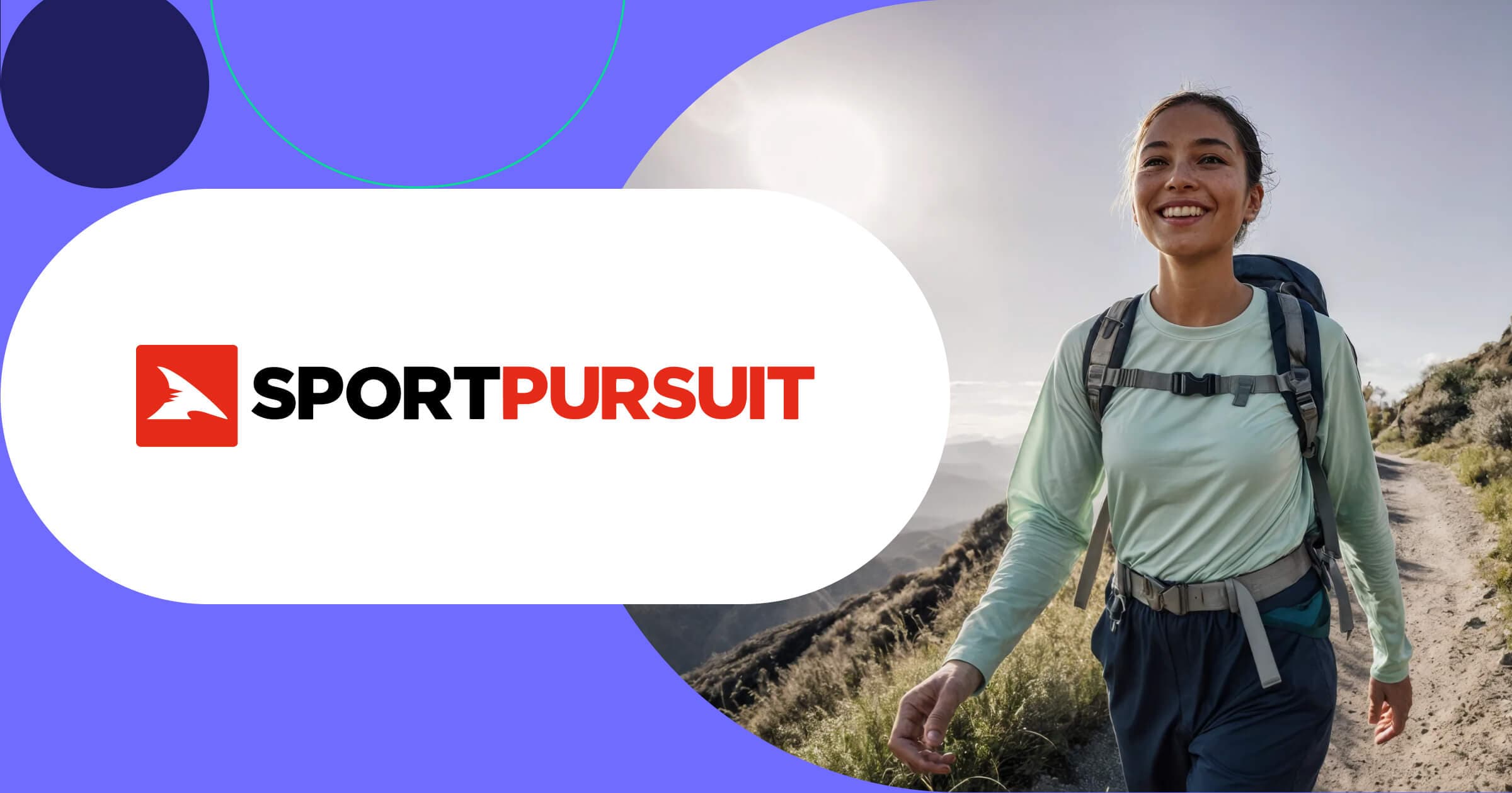 SportPursuit logo with athletic woman hiking mountain trail wearing backpack and outdoor sports gear