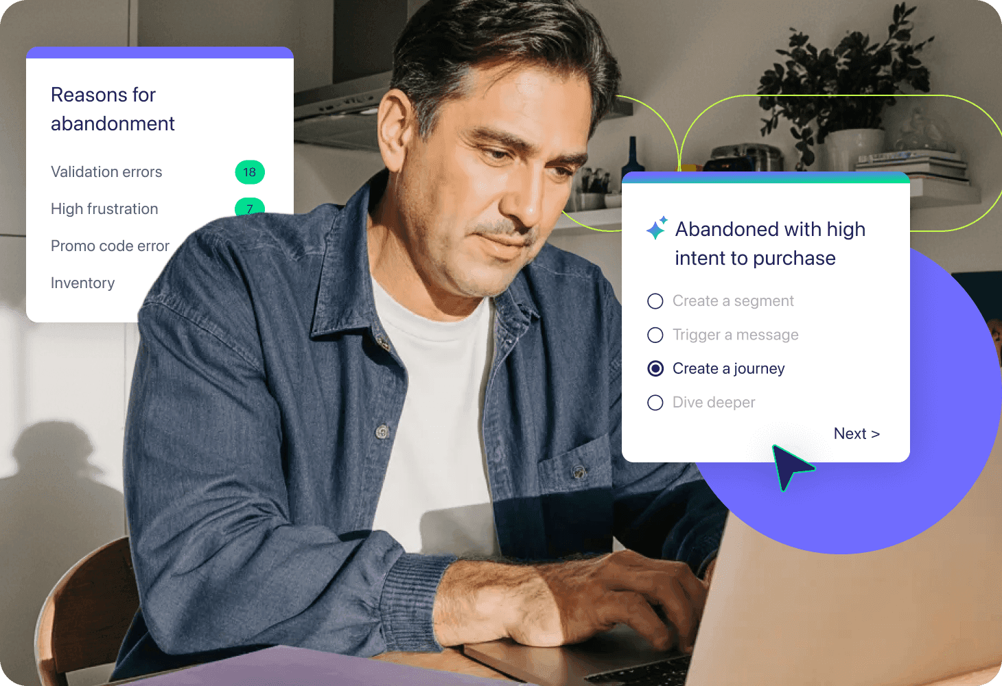 Smiling man using a laptop with overlayed UI elements showing abandonment reasons and options to create a customer journey.