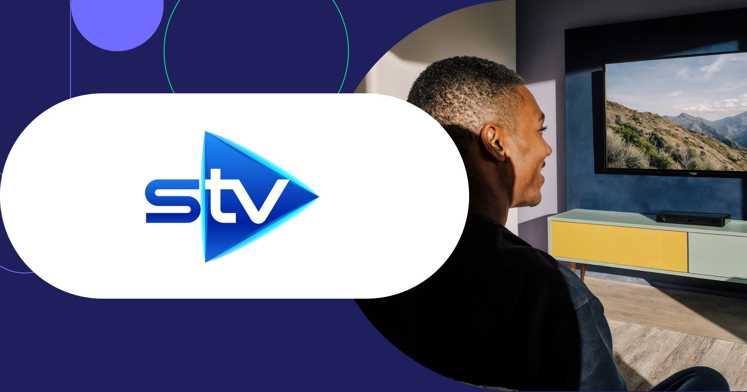 STV logo with viewer watching scenic mountain landscape content on modern television in contemporary living room