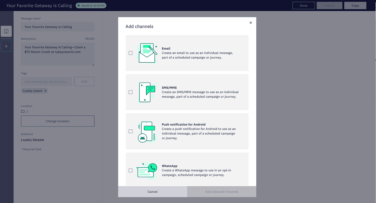 Automation workflow builder in Acoustic Connect for cross-channel loyalty messaging.