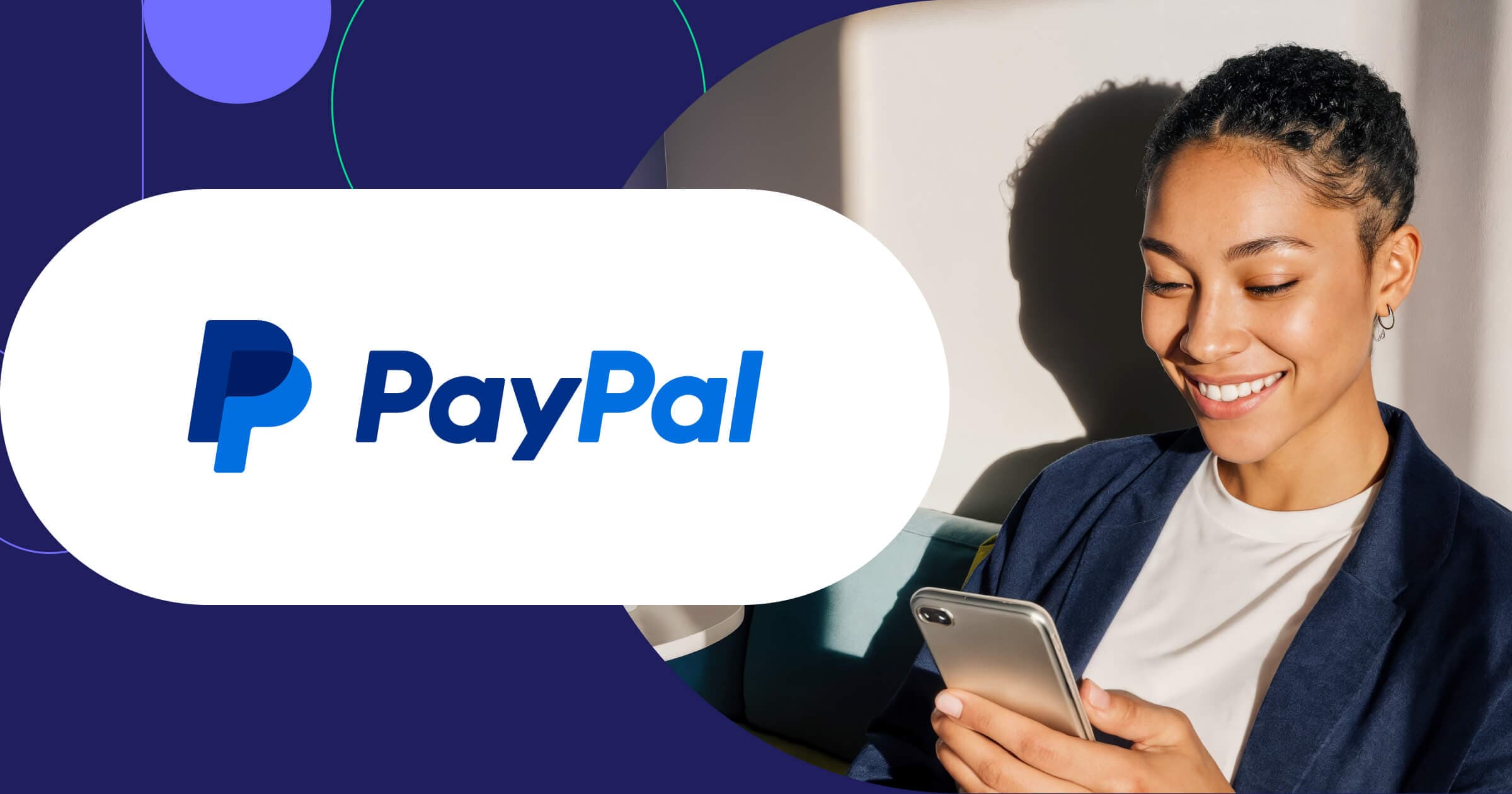 PayPal logo with professional woman making secure online payment transaction on smartphone while relaxing at home