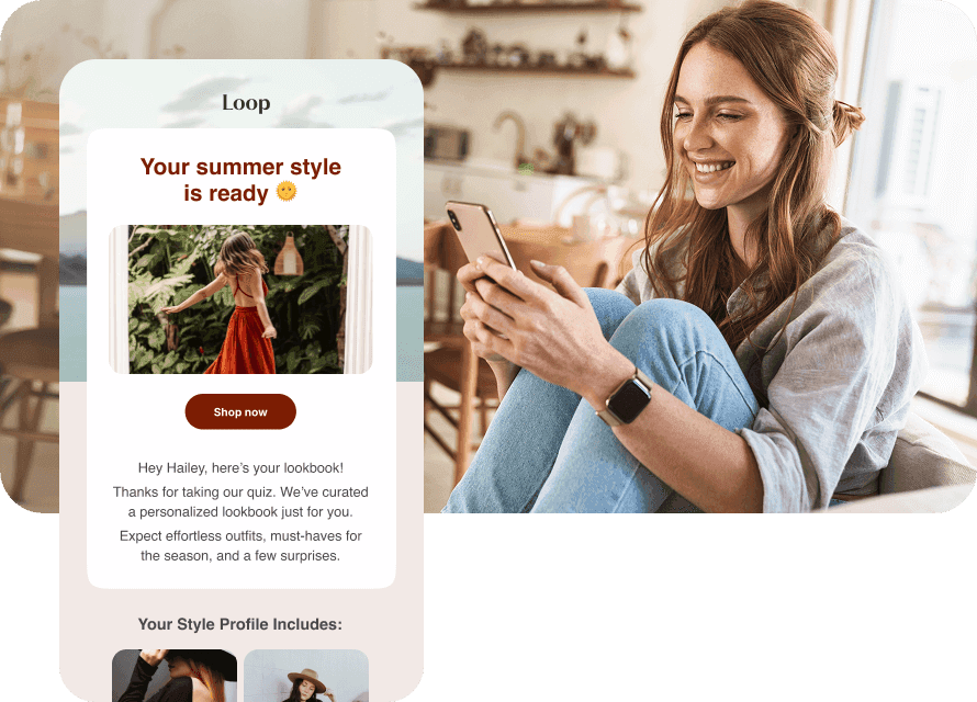 Woman viewing a personalized 'your summer style is ready' offer on her phone