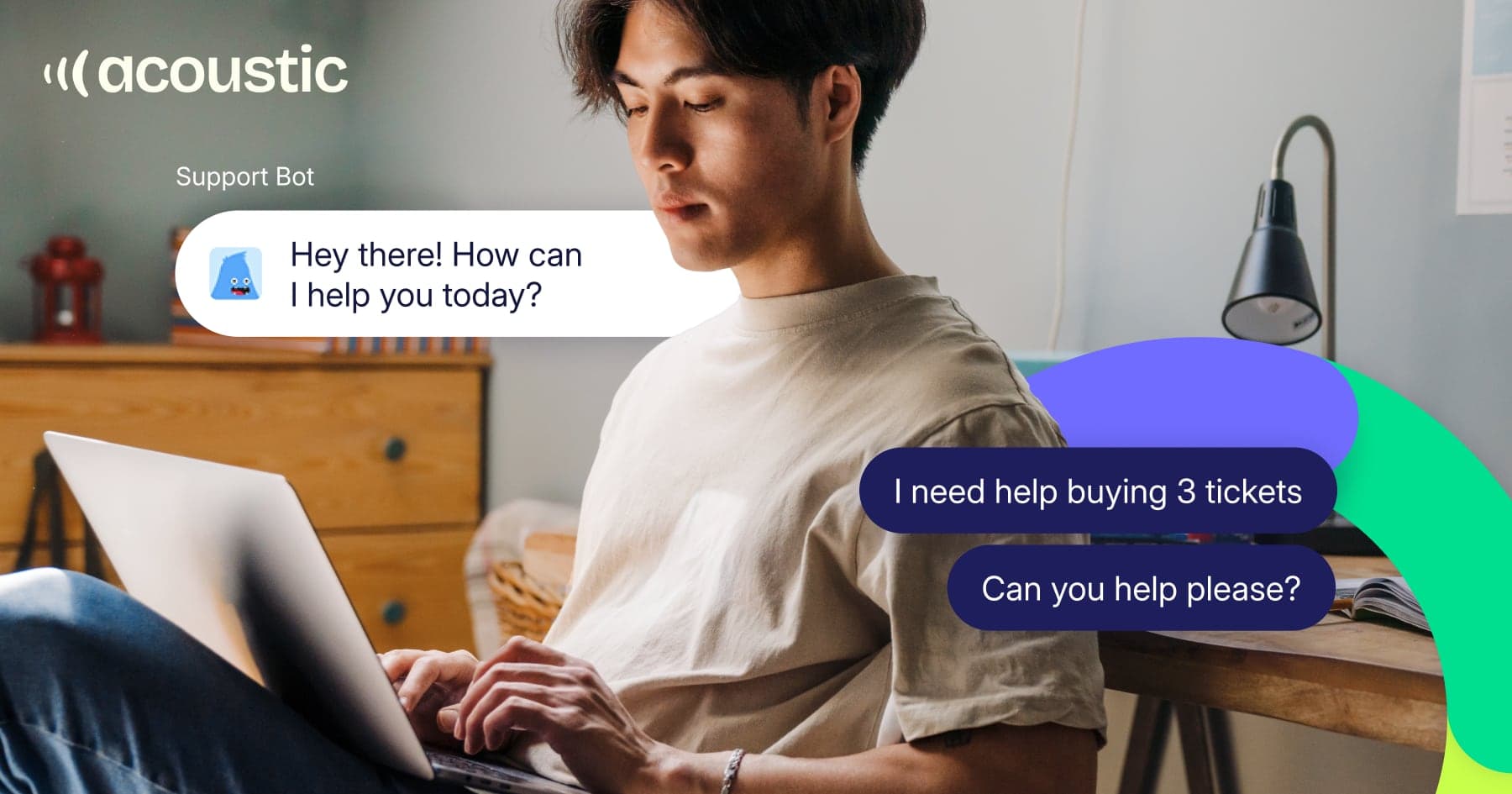 Customer using support chatbot to purchase tickets, showing conversion stage interaction - Acoustic