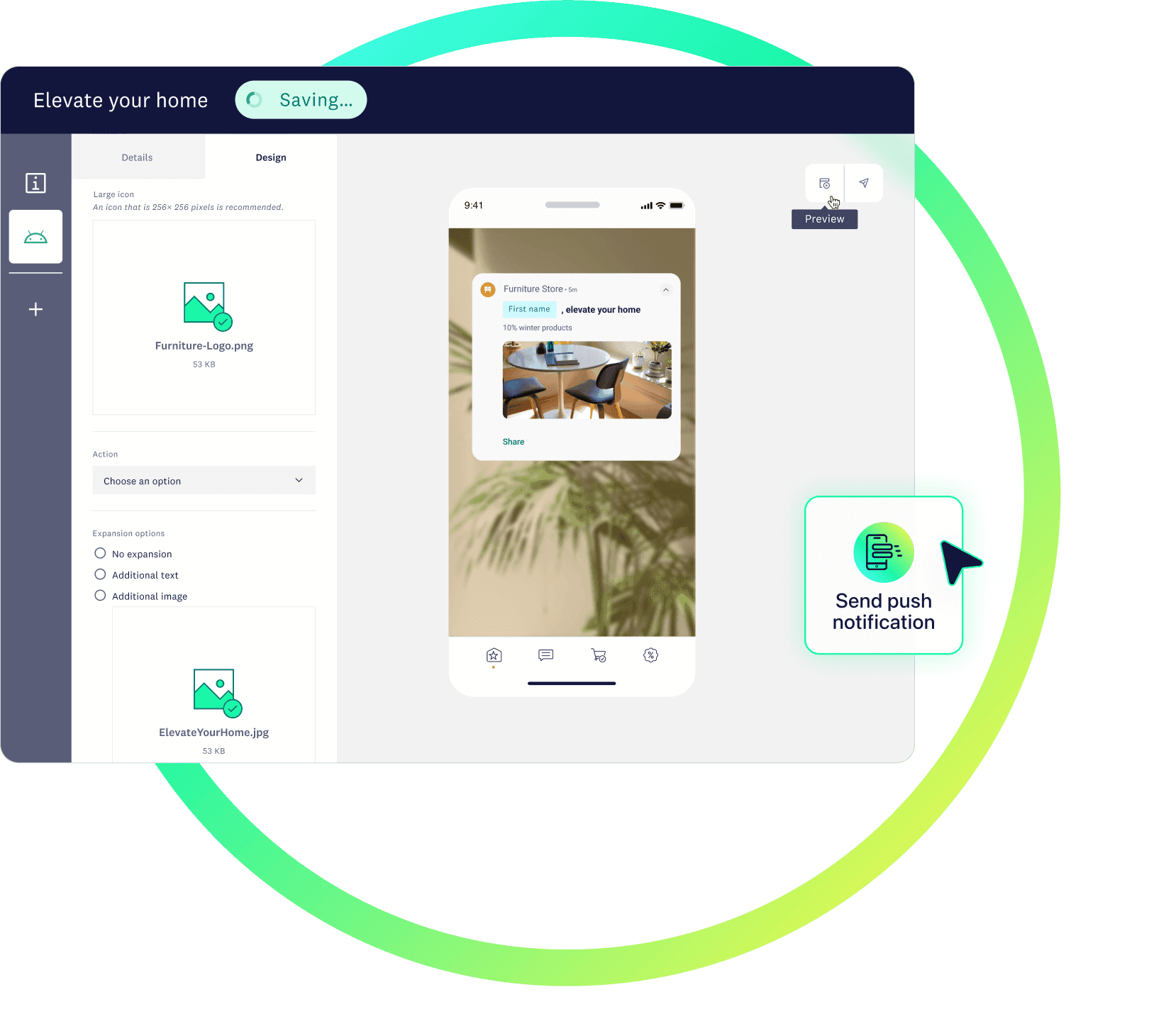 Composing a personalized mobile app message for a promotion to update home furniture based on customers' behavior
