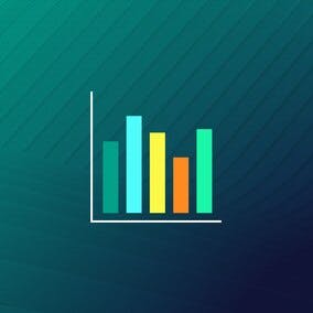 A bar chart featuring four bars of varying height (teal green, light blue, yellow, orange, and teal green) over a dark green textured and dotted background